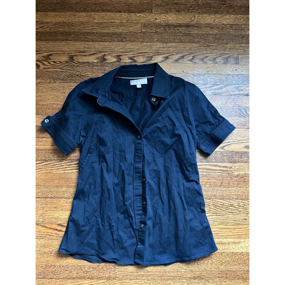 Banana Republic Non Iron Short Sleeve Button Down Shirt Navy Blue Women 6